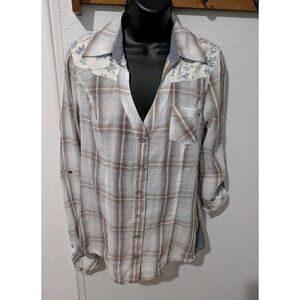 GUESS Los Angeles Women's Plaid Pearl Snap-Front Shirt‎ M Floral Yoke Western